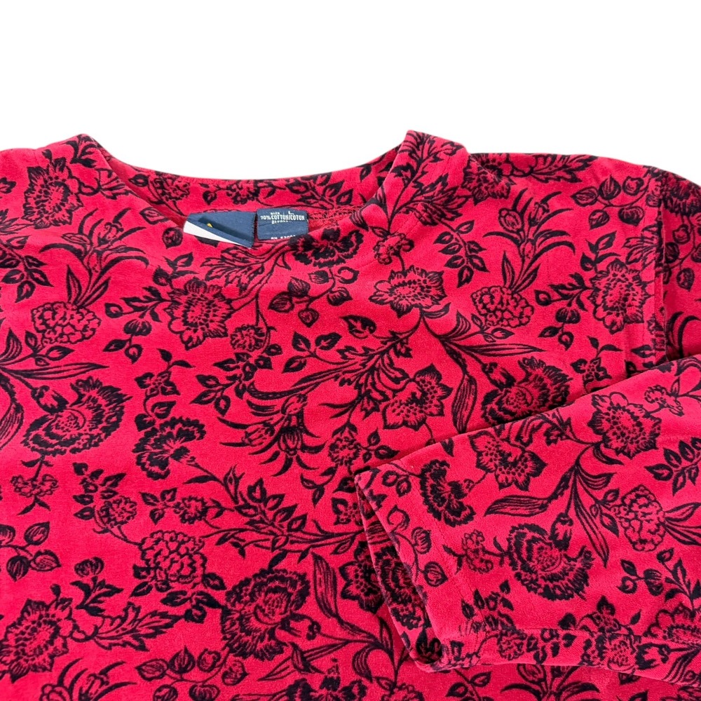 Jansport L Red Floral Velour Long Sleeve Top Botanical Whimsygoth Cottagecore
